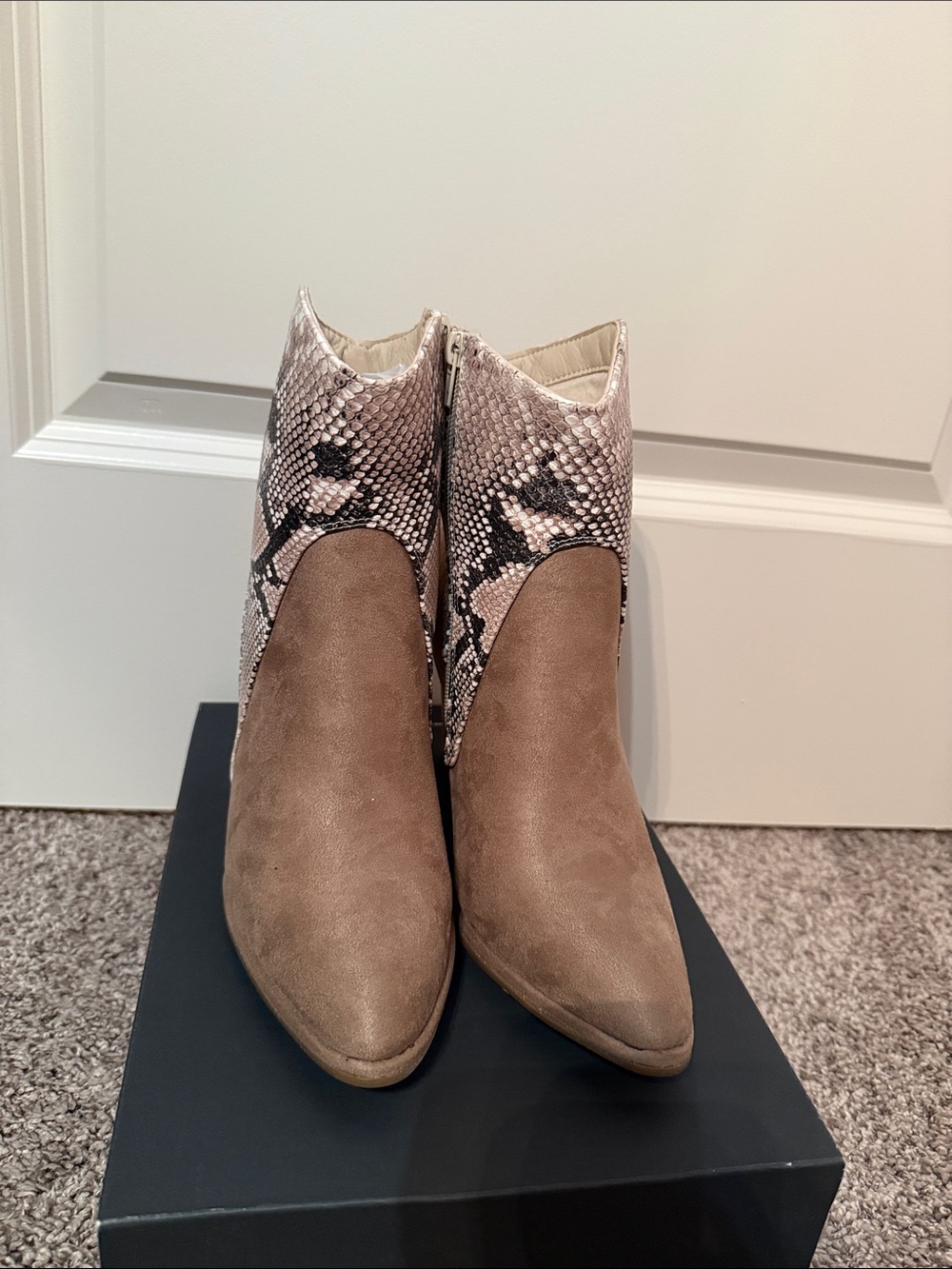 Women's Taupe Suede Ankle Boots with Snake-Print Collar
